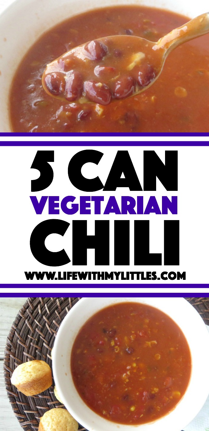 The easiest and most delicious 5 can vegetarian chili! Takes 30 minutes to cook and is perfect for an easy weeknight dinner!