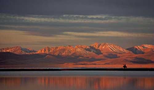 kyrgyzstan lake donkey red sunrise landscape central aisa silk road