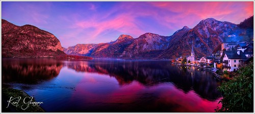 landschaft landscape österreich austria oberösterreich upperaustria berge mountains see lake salzkammergut hallstatt hallstättersee lakehallstatt outdoors evening abend wolken clouds rosa pink sonnenuntergang sunset