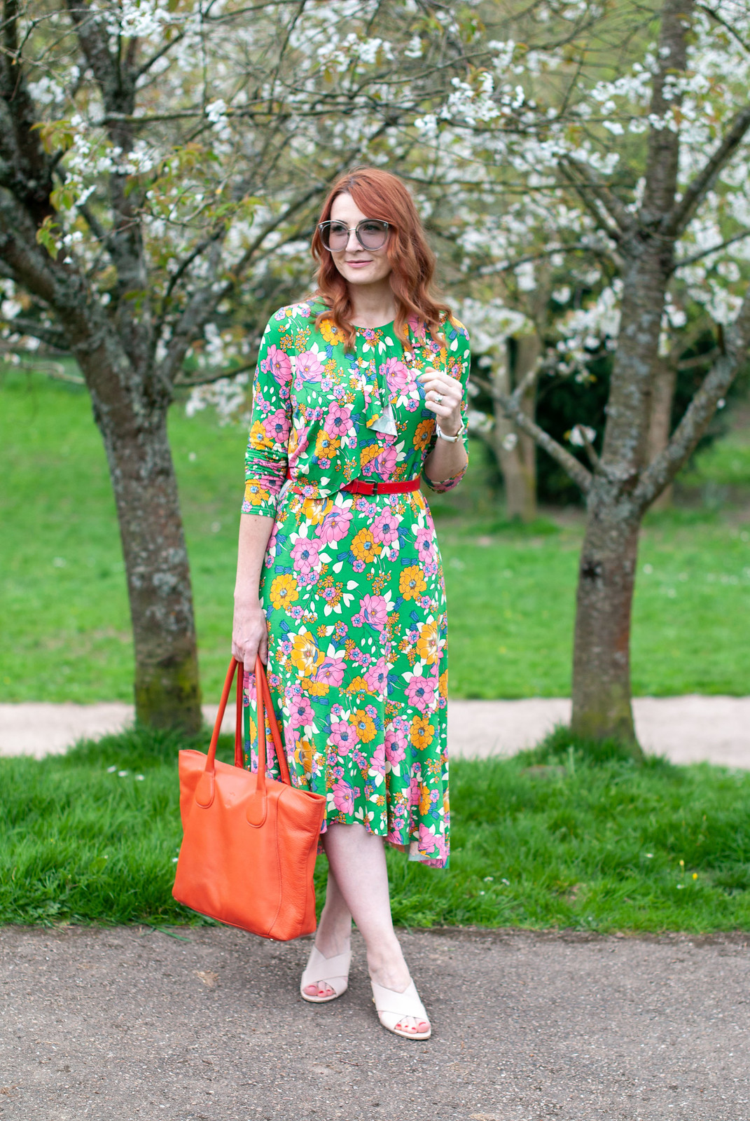 Wearing a Psychedelic Spring Florals Dress: 60 style floral midi dress with asymmetric hem \ summer style \ bright colours \ outfit of the day \ ootd | Not Dressed As Lamb, over 40 style