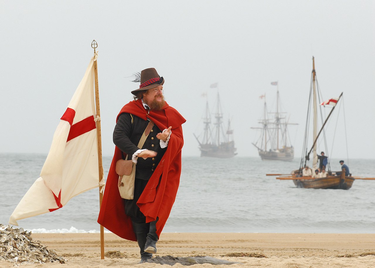 John Smith, played by Dennis Farmer, claims the beach for England during a re-enactment ceremony on the 400th anniversary of the First Landing in the,