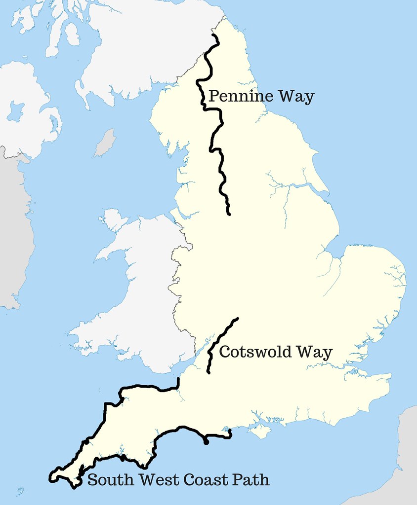 Map of England showing the routes of three long-distance footpaths.