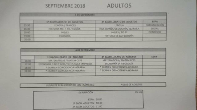 Calendario exámenes septiembre 2018