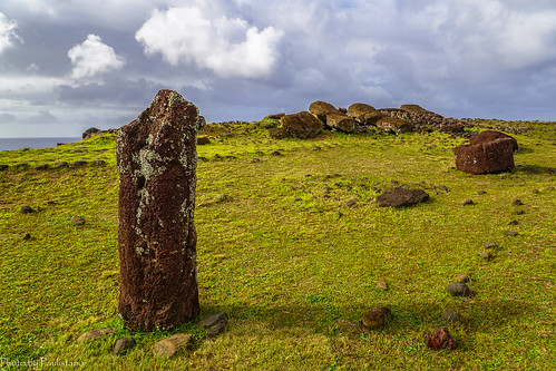 travel chile polynesia easterisland rapanui landscape sky cloud ocean water grass field stone ancient moai sculpture pukao ahuvinapu