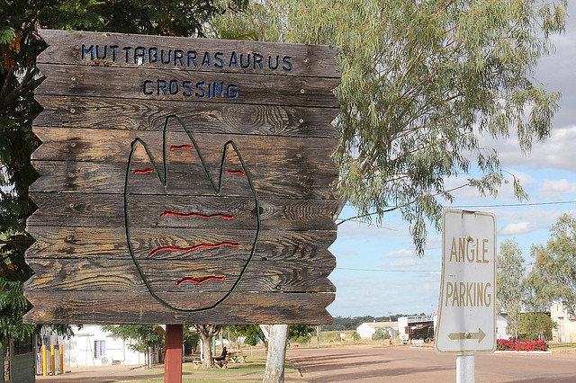 Dinosaur crossing sign at Muttaburra, Queensland, Australia. 