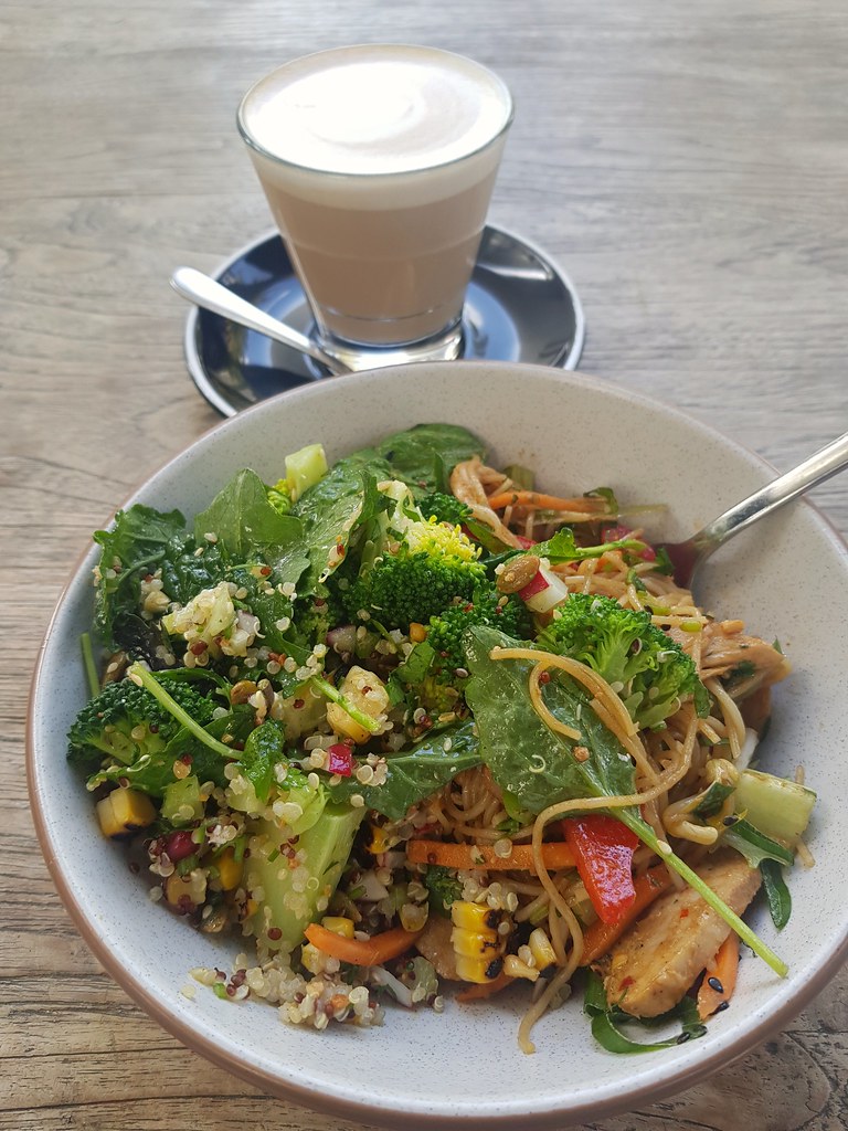 Chicken Lemongrass Glass Noodle with Quinoa w/Brocolli & Sweet Patato, plus Latte $15 @ Salad section at Cafe SAFI at 484 St.Kilda Road Melbourne Australia