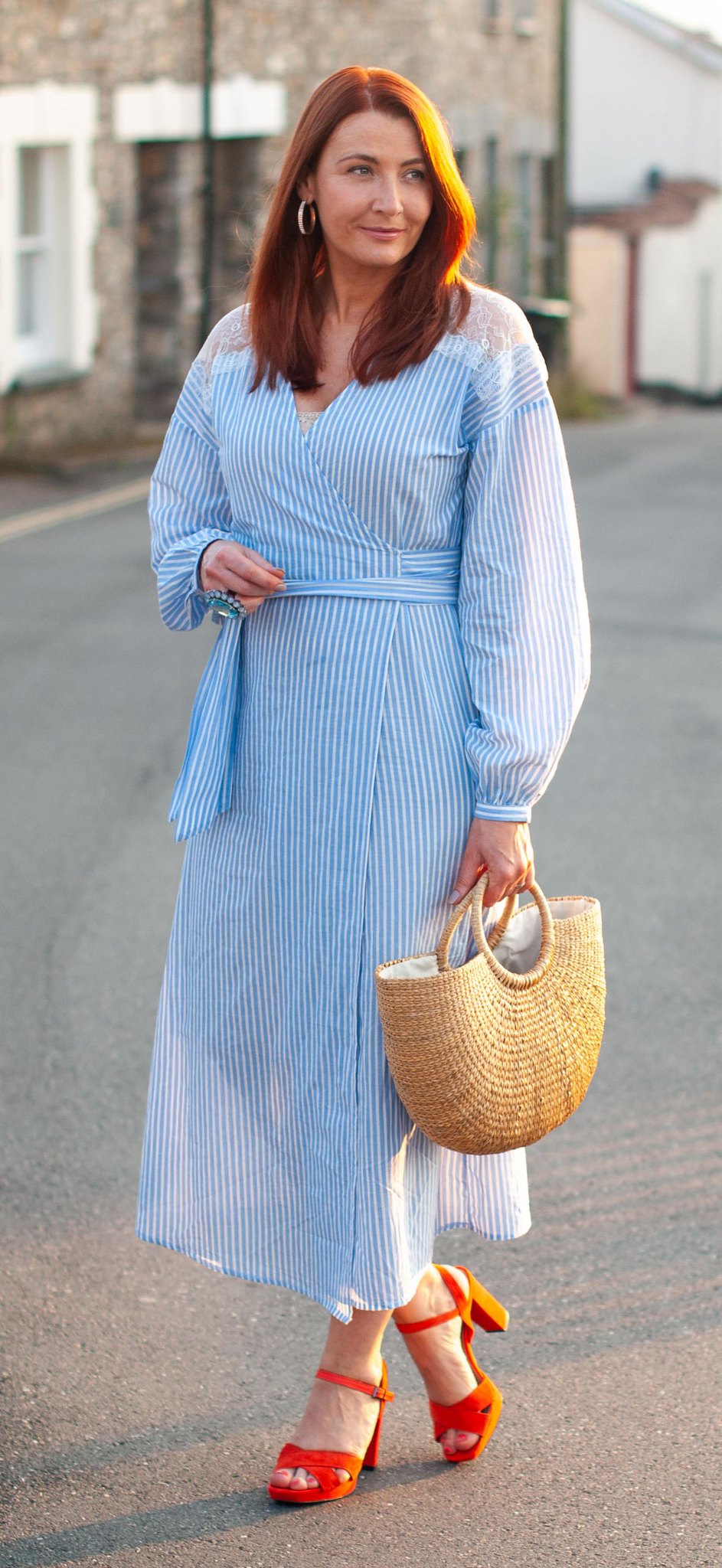 A Classic Summer Outfit of Blue and White Stripe Cotton \ Mango stripe cotton dress with lace panel \ tomato red block heel sandals \ straw basket bag | Not Dressed As Lamb, over 40 style