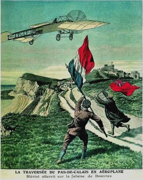 Commemorative poster created in 1909.. Inscription: Flight across the English Channel an airplane. Bleriot landed on the coast at Dover.