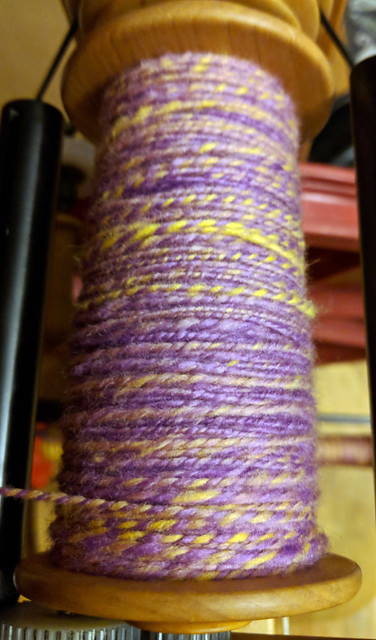 Tour de Fleece 2018 Day 15 - Into The Whirled Polwarth Falkland Wool Carded Batt in Cattywumpus Colorway Plying Nearly Done