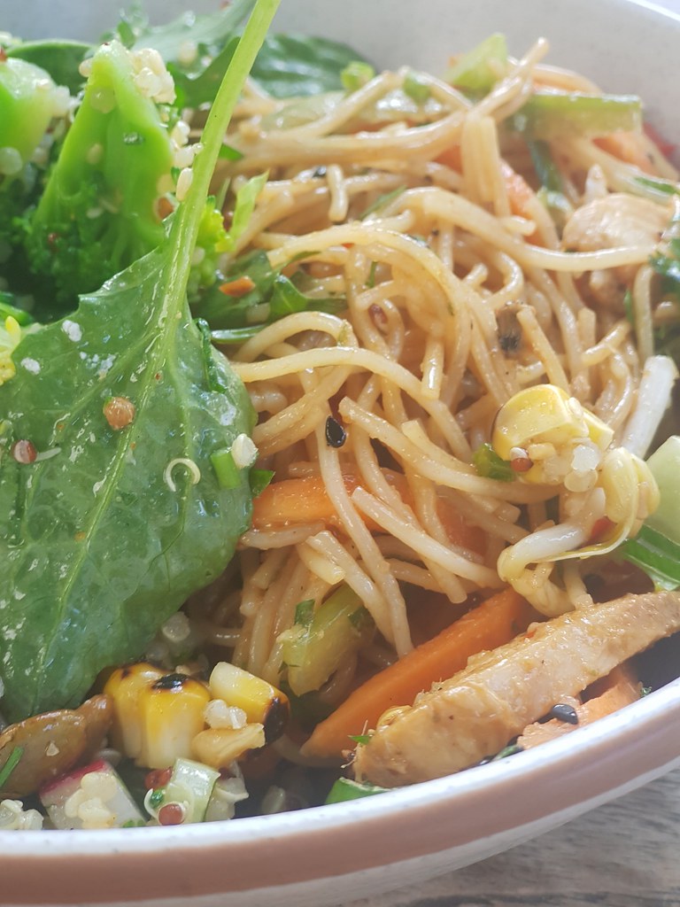 Chicken Lemongrass Glass Noodle with Quinoa w/Brocolli & Sweet Patato, plus Latte $15 @ Salad section at Cafe SAFI at 484 St.Kilda Road Melbourne Australia