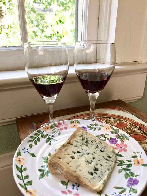 wine and cheese in window