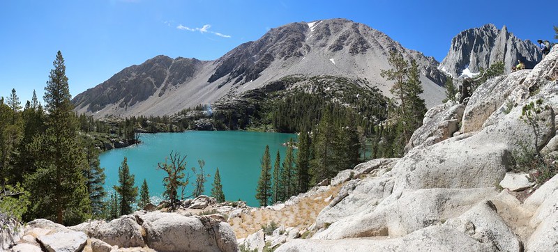 View of Mt Alice, Buck Peak (12841) and Temple Crag over First Lake on the North Fork Big Pine Creek Trail