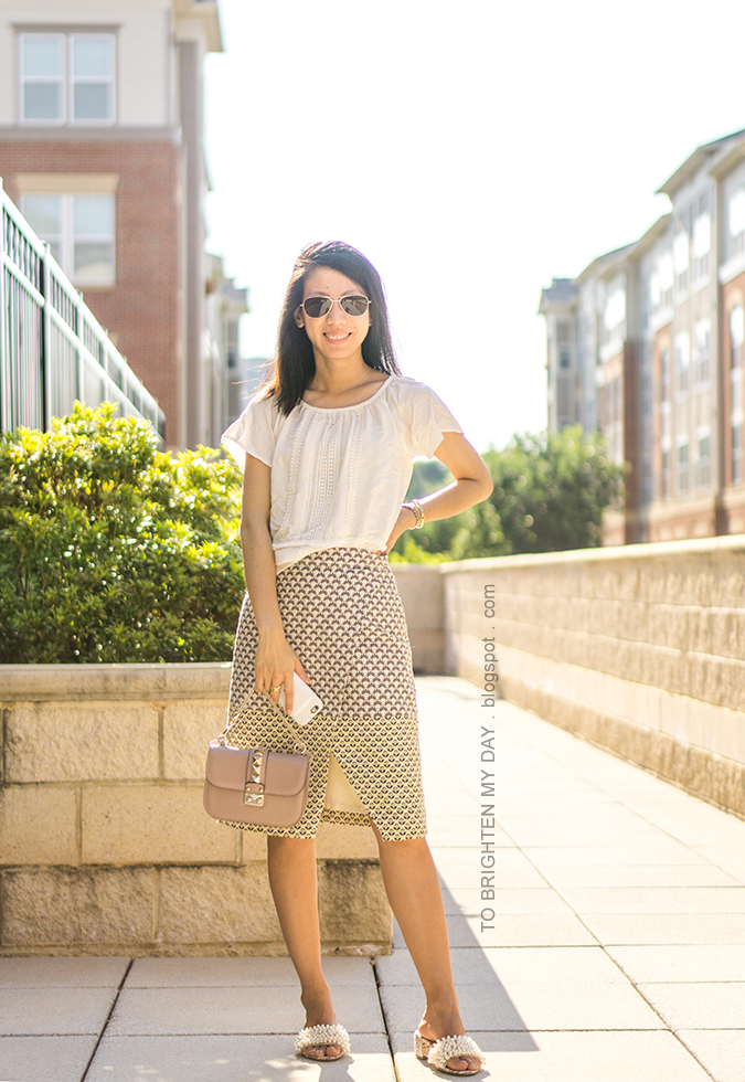 boho top with fringe, jacquard wrap skirt, embellished heels with pearls, two tone watch, gold bangle, nude glam lock bag