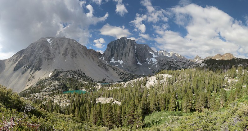 Panorama looking down over First and Second Lakes, with Buck Peak and Temple Crag from the Black Lake Trail