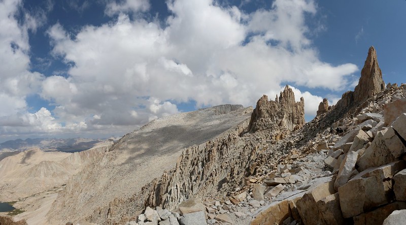 S'brutal Tower and Aiguille Junior from the John Muir Trail, with Mount Whitney in the distance