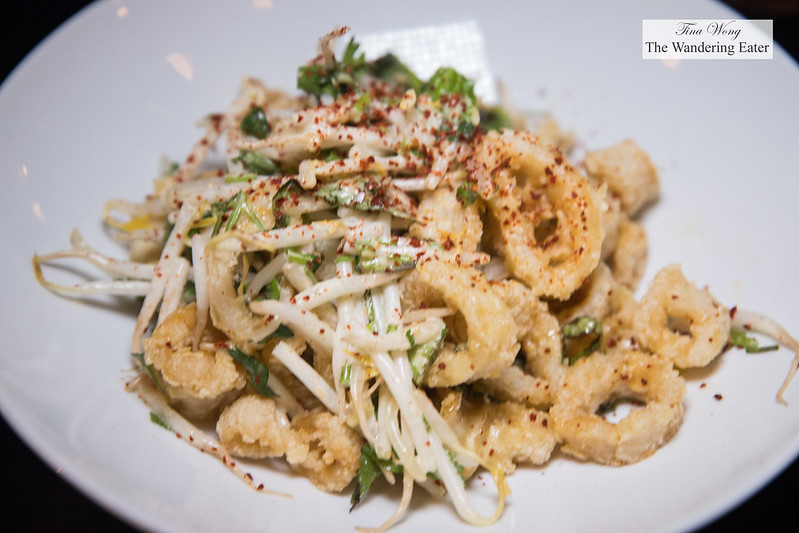 Rice Dusted Point Judith Calamari - Ttai miso sauce, mung bean sprouts, aleppo chile