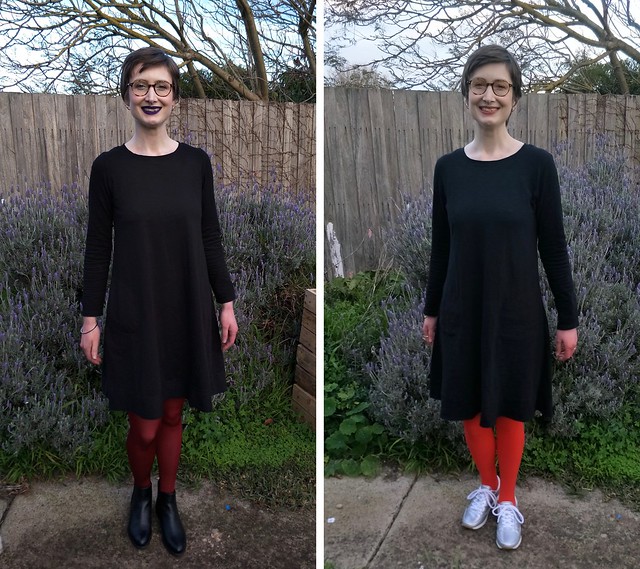 Two images of a woman standing against a garden fence, wearing nearly identical black dresses.