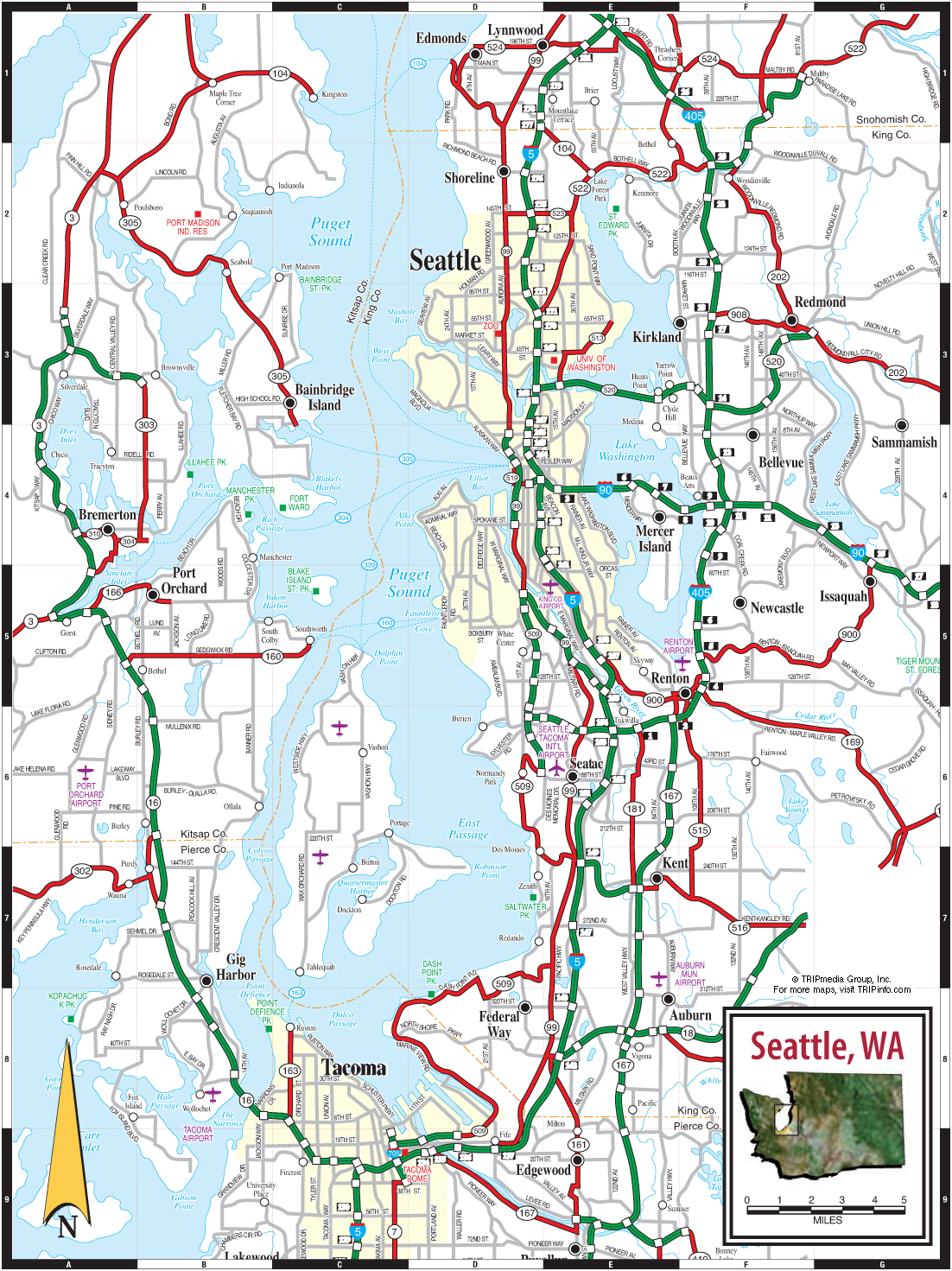 Map of Seattle in Washington State, U.S.A.