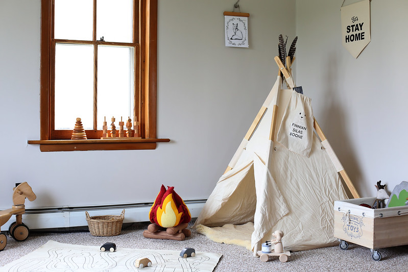 His play space (right after we moved in which explains the wrinkled teepee. It is different now)