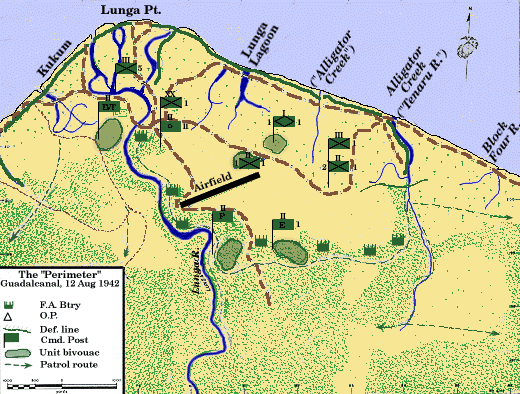 Initial U.S. Marine defenses at Lunga Point, Guadalcanal, August 12, 1942.
