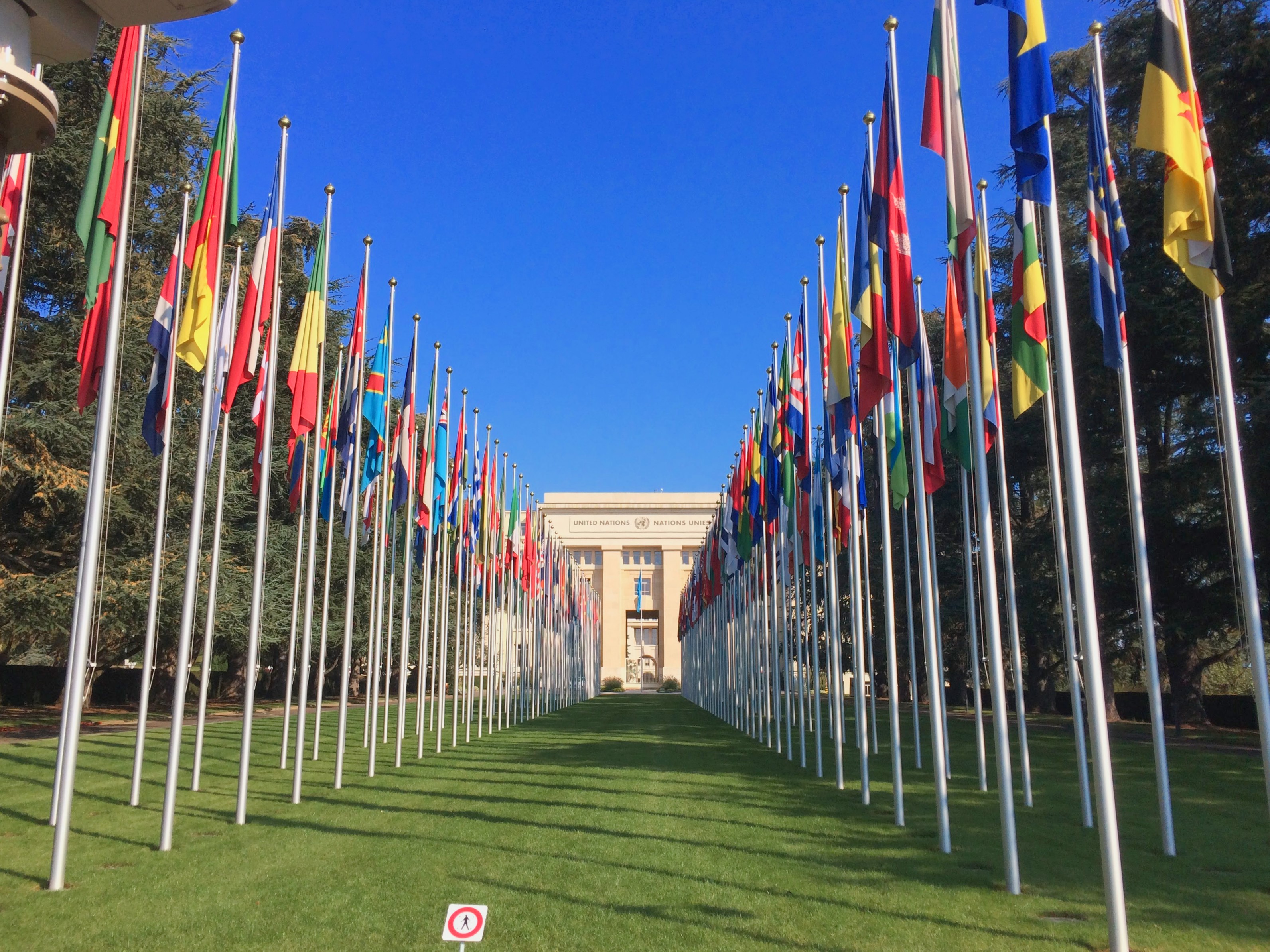The Allée des Nations, with the flags of the member countries at the Palais des Nations, Geneva. Photo taken on October 8, 2016.