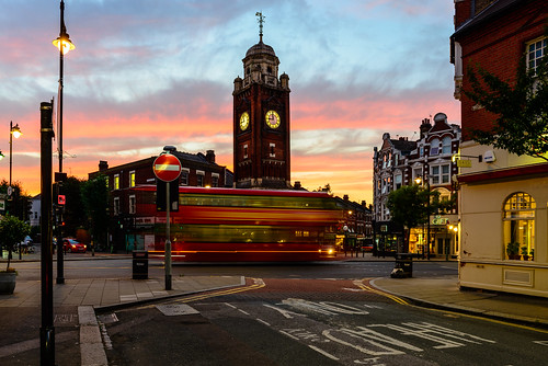 crouchend london sunset clocktower doubledeckerredbus