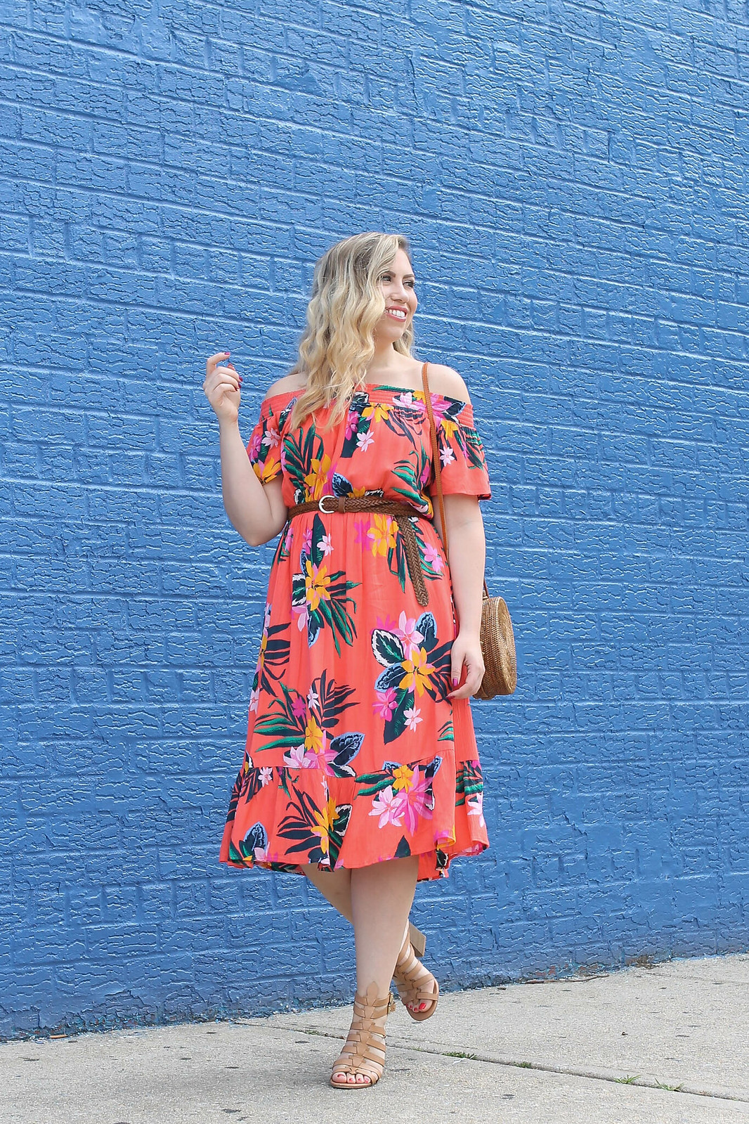 Old Navy Waist Defined Off the Shoulder Crinkle Gauze Midi Dress Red Coral Floral Print Summer Outfit Inspiration