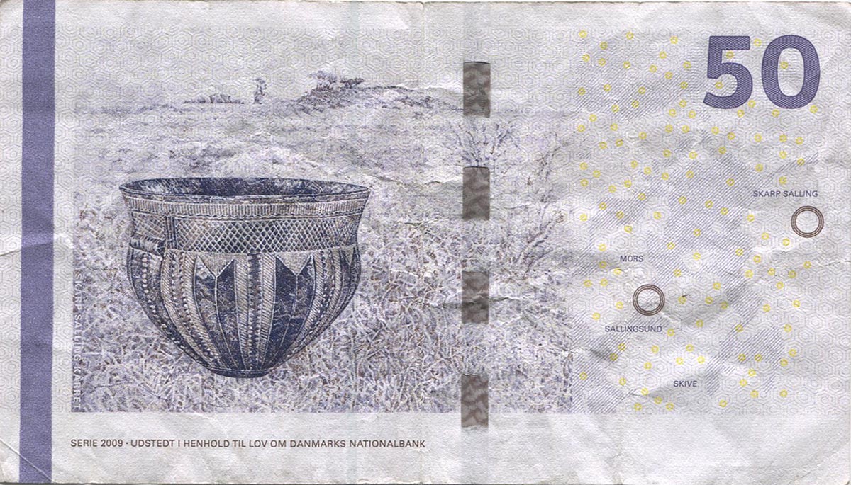 Denmark 50k banknote featuring Skarpsalling bowl.