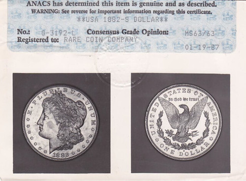 ANACS 1882-S Silver Dollar certificate front