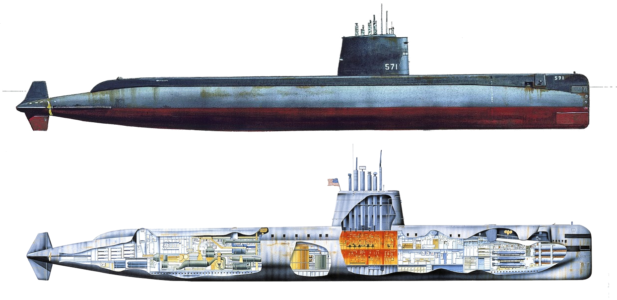 Profile and cutaway views of USS Nautilus (SSN-571)