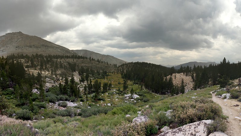 Looking down the Whitney Creek drainage from a ridge below Timberline Lake on the JMT