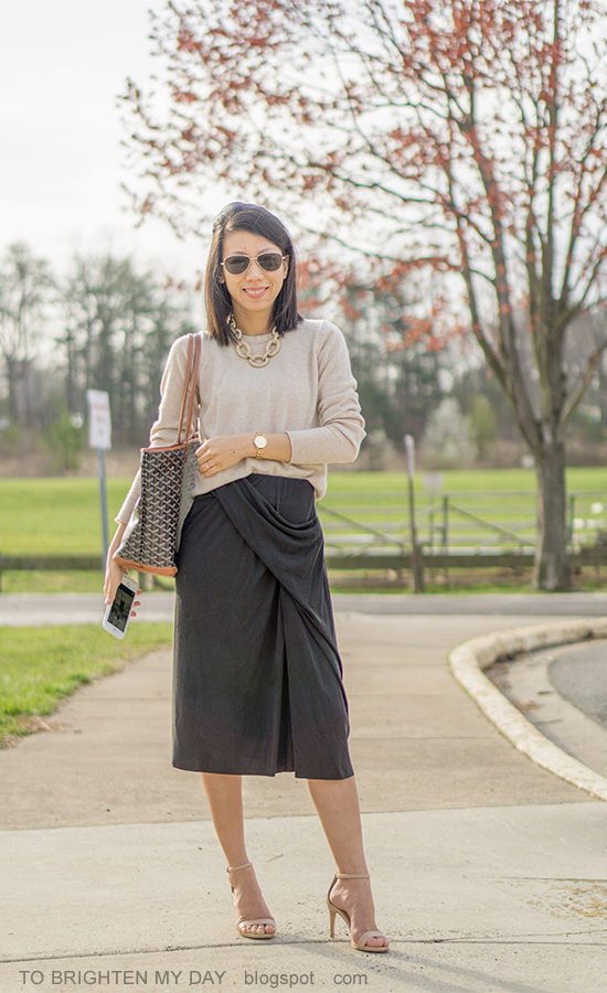 gold link pave necklace, camel cashmere sweater, dark gray draped midi skirt, gold watch, monogrammed tote, nude sandals