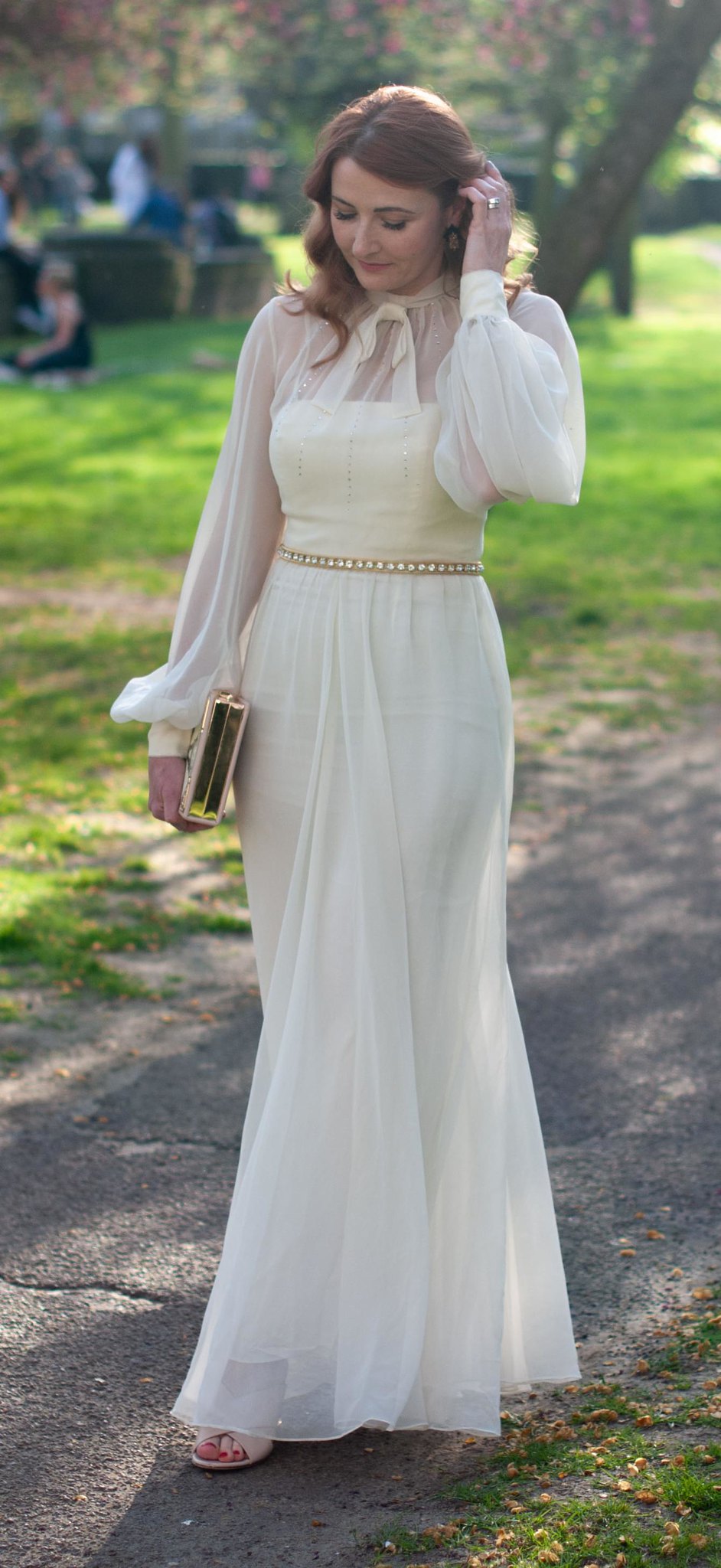 An Ethereal Vintage Evening Dress for the UK Blog Awards: Ivory 70s chiffon dress with balloon sleeves, rhinestones on the bodice and a high neck with pussy bow | Not Dressed As Lamb, over 40 style blog