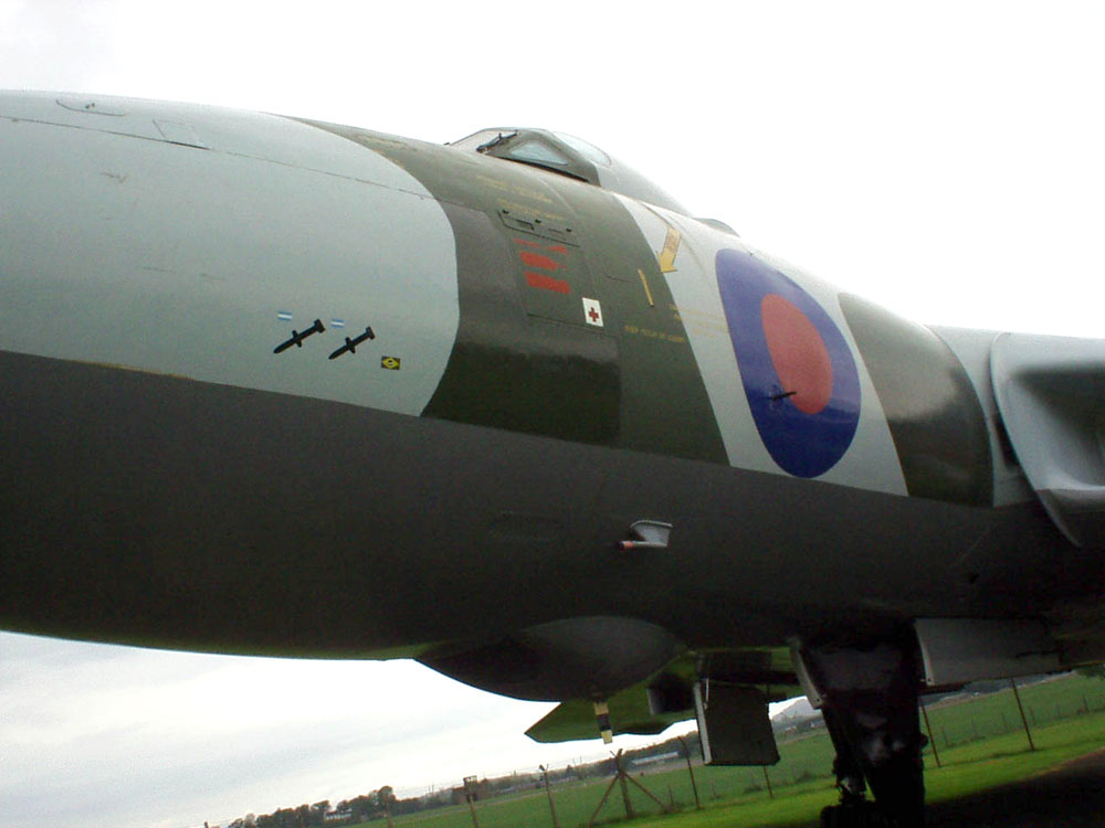 Avro Vulcan XM597 from Operation Black Buck at East Fortune, 2002, showing mission markings from its two Black Buck missions and Brazilian internment.