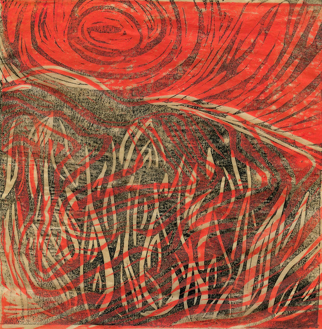 Learning linocut. Rock deformation over flames with sun 2.