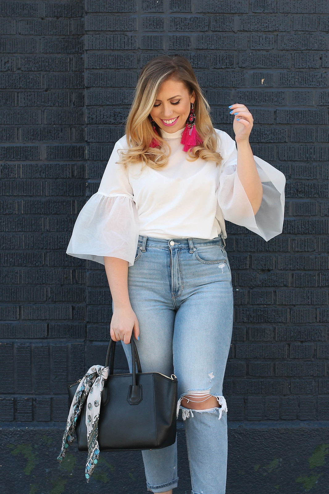 Trendy Spring Outfit Hot Pink Statement Earrings A New Day Organza Sleeve Blouse American Eagle Mom Jeans Leopard Platform Sandals Living After Midnite Fashion Style Blogger Jackie Giardina