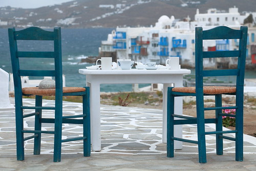 greece mykonos sea chairs view depthoffield