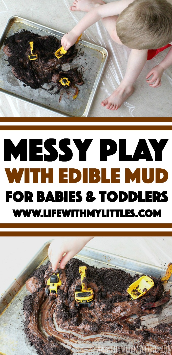 Let your kids have fun with this messy play activity! Edible mud for babies and toddlers. Super easy to make, and I love the construction theme!