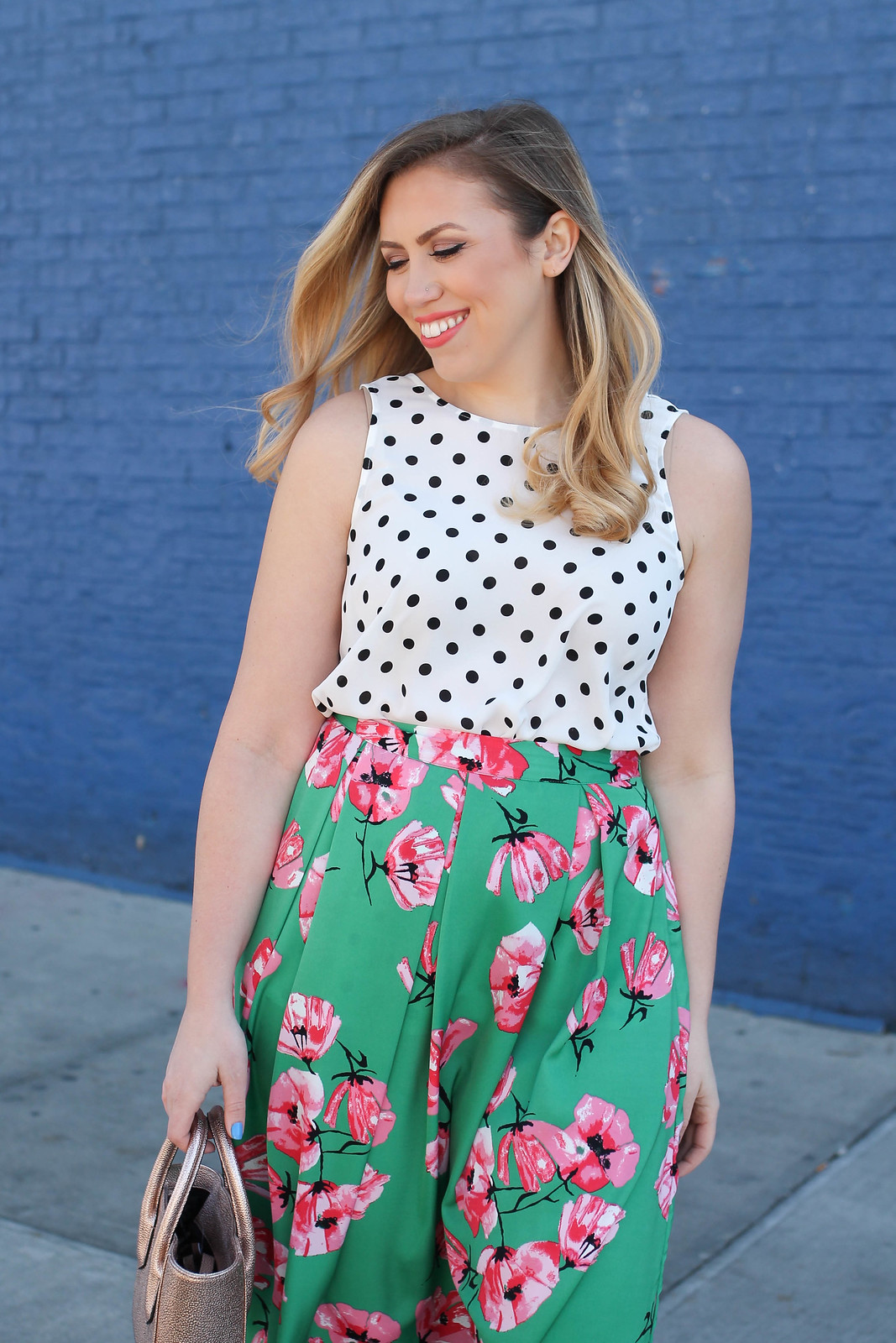 Colorful Spring Outfit Polka Dot Tank Green Pink Floral Midi Skirt Blue Brick Wall Jackie Giardina Living After Midnite Fashion Style Blogger