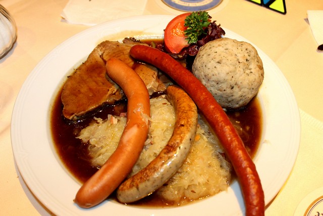 Bavarian plate Roasted pork several sausages sauerkraut and bread dump - Hotel Alte Post - Oberammergau