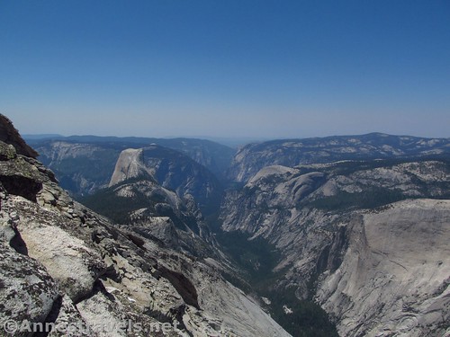 Yosemite Valley and Half Dome while climbing the spine of rock to Clouds Rest, Yosemite National Park, California