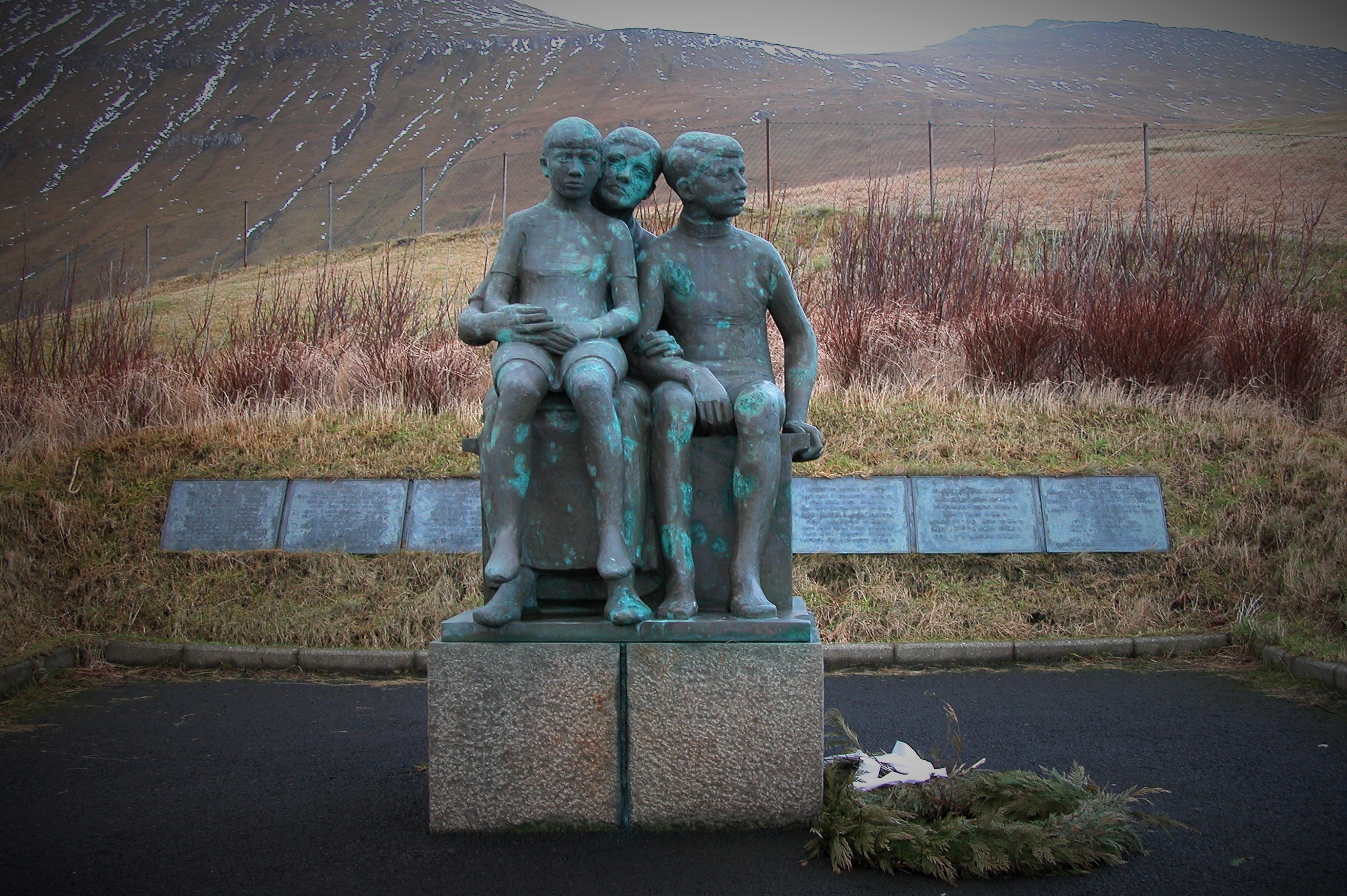 Near the church in Gjógv, Faroe Islands, a sculpture stands as a memorial to fishermen lost at sea. Photo taken on January 19, 2006.
