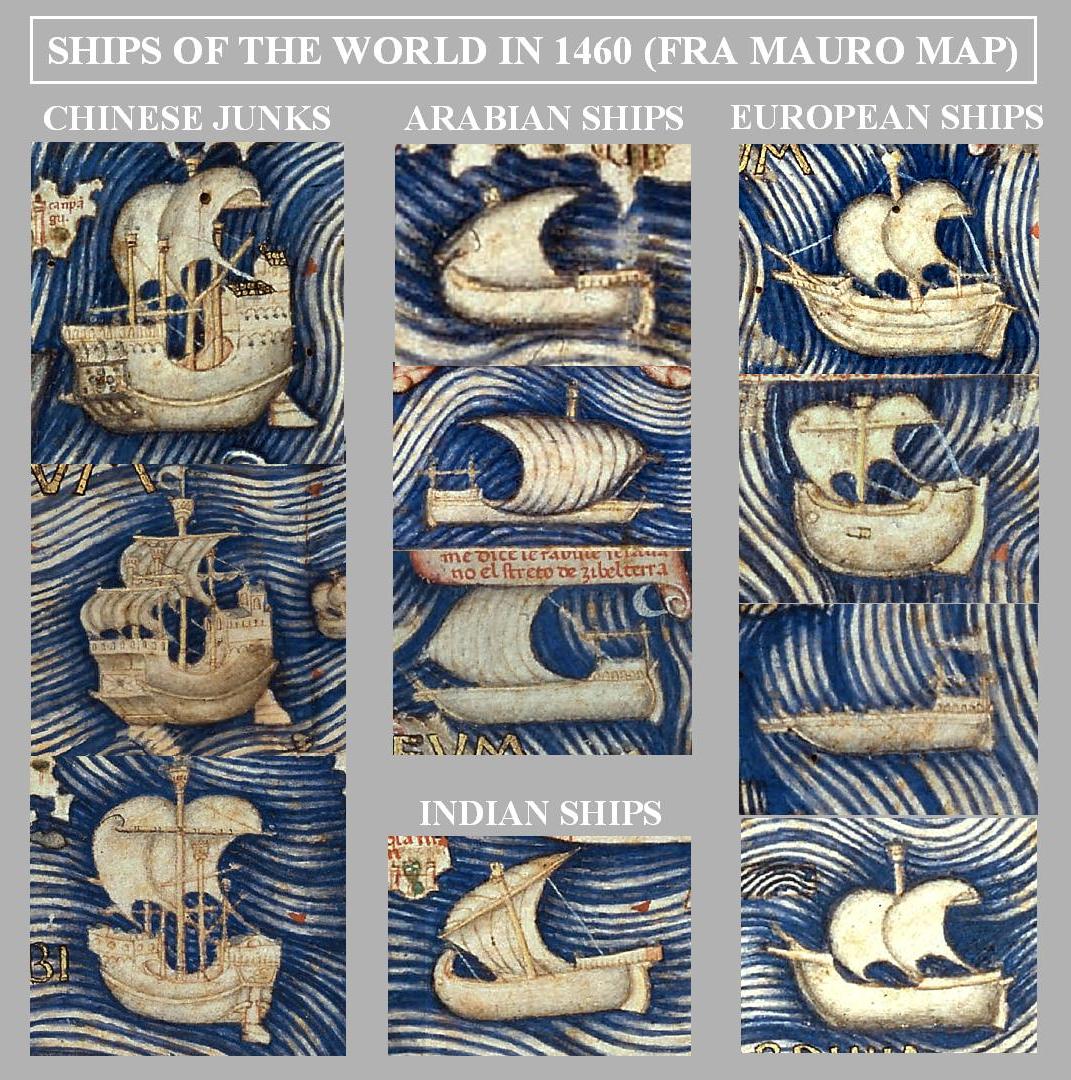 Ships of the world in 1460, according to the Fra Mauro map. Chinese junks are described as very large, three or four-masted ships.
