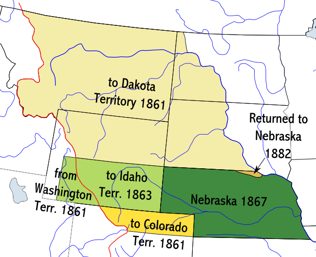 Territorial evolution of Nebraska Territory and the State of Nebraska, United States, 1854–1882. The colored area indicates the largest extent of Nebraska Territory. The black lines indicate modern state boundaries. The red line is the Continental Divide. 