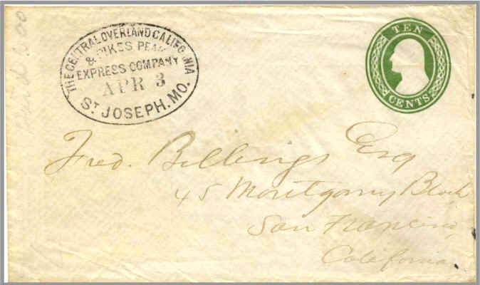 Cover carried on the first westbound Pony Express trip, April 3, 1860. Only one known to exist. [Image from Richard Frajola, via Wikipedia]