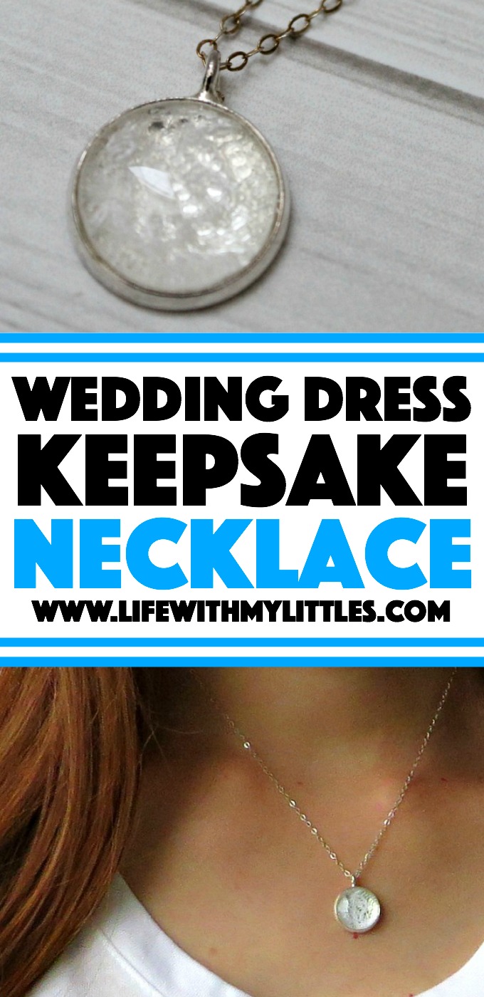 DIY wedding dress necklace tutorial that shows you how to use a tiny piece of your wedding dress to make a quick and easy pendant. Looks gorgeous and a great thing to do with your dress after the wedding!