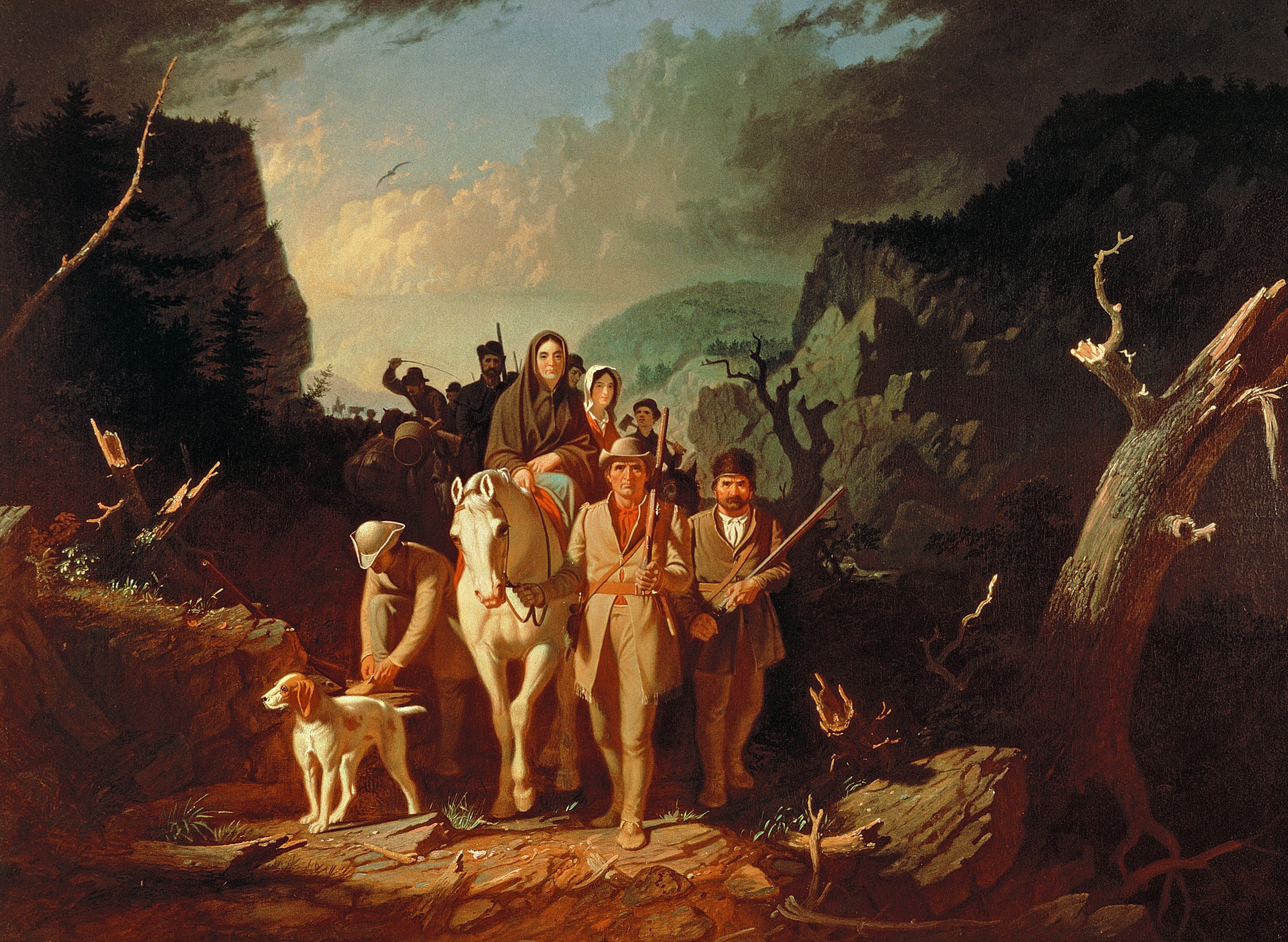 Daniel Boone Escorting Settlers through the Cumberland Gap by George Caleb Bingham, oil on canvas, 1851–52. Daniel (1734-1820) and his wife Rebecca travelling westwards to Kentucky. Currently at Mildred Lane Kemper Art Museum, Washington University, St. Louis, Missouri.