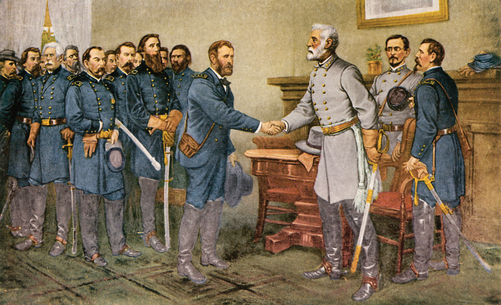  Lee's surrender 1865. 'Peace in Union.' The surrender of General Lee to General Grant at Appomattox Court House, Virginia, 9 April 1865. Reproduction of a painting by Thomas Nast.