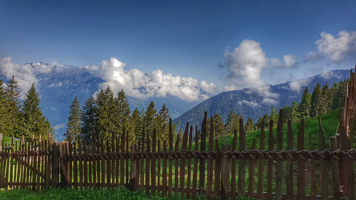 landscape forest mountains clouds fence