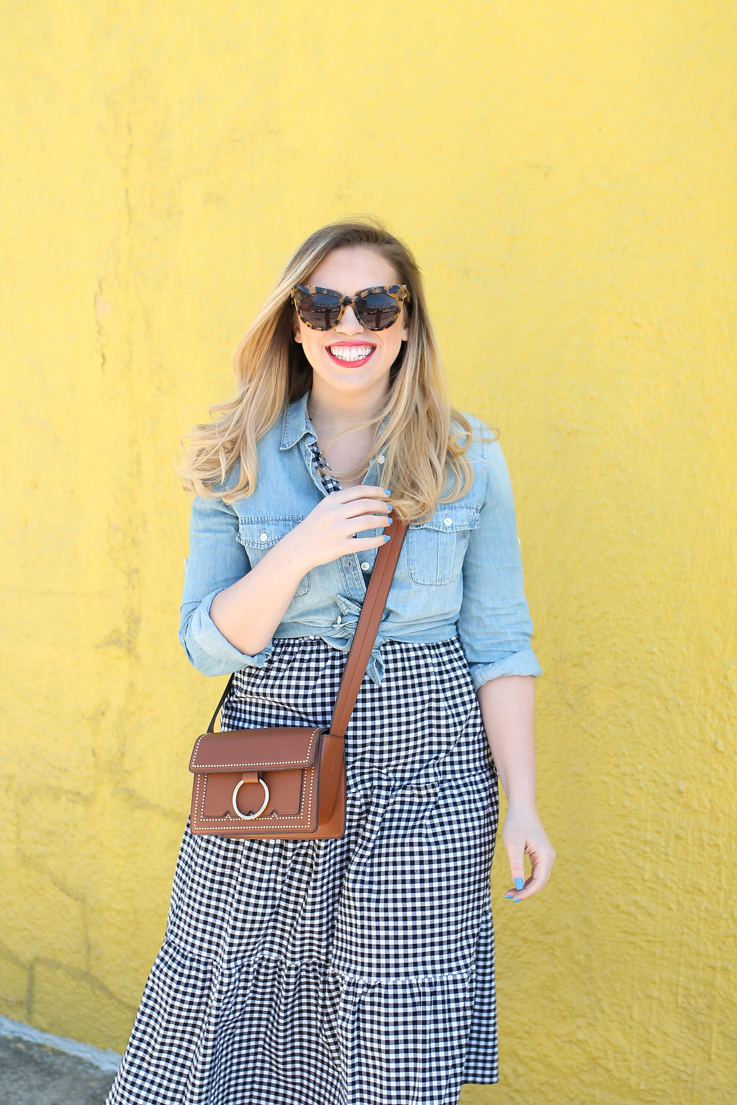 Gingham Skirt Chambray Shirt Brown Crossbody Bag Casual Spring Outfit Jackie Giardina Living After Midnite Fashion Blogger